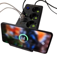 Удлинитель сетевой черный с бепроводной зарядкой 3 метра, 3 евро розетки, 4 USB порта, Type C, 2500W оптом